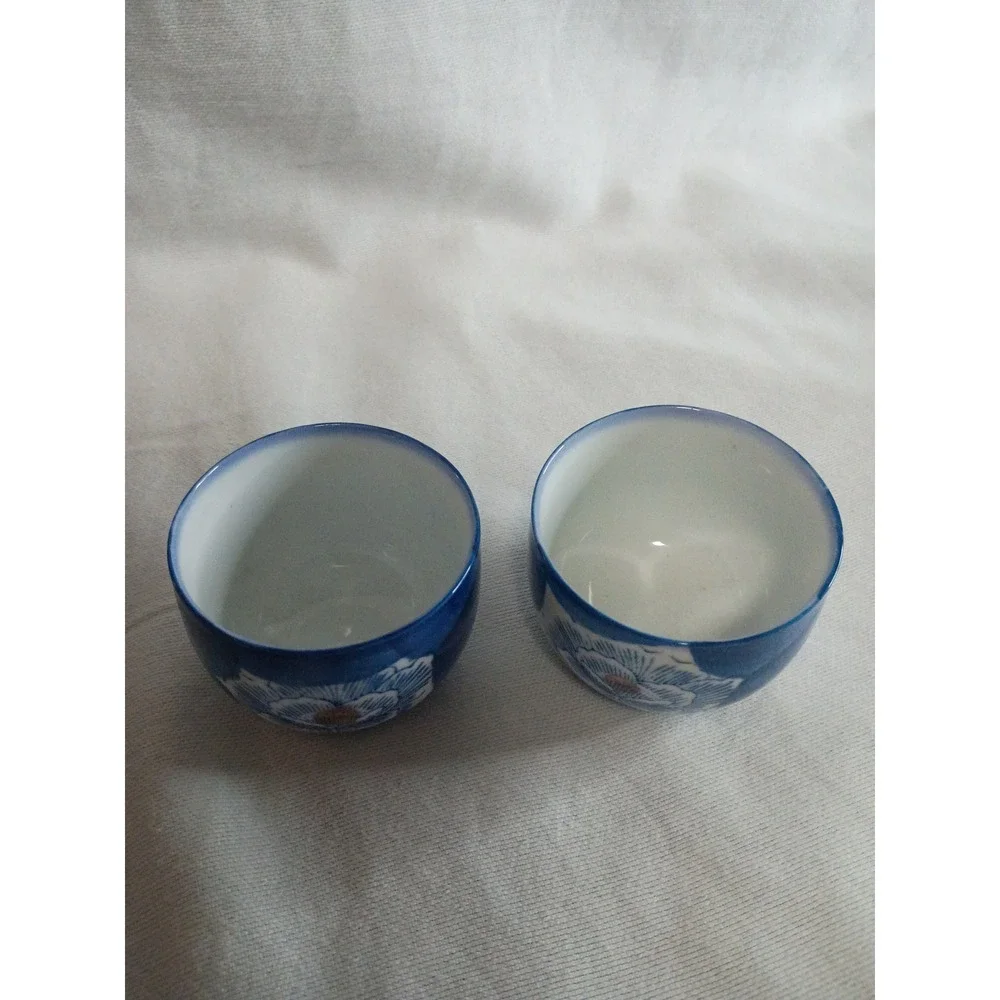 Japanese Blue & White Floral Ceramic Teapot Set Overhead Wicker Handle 2 Cups